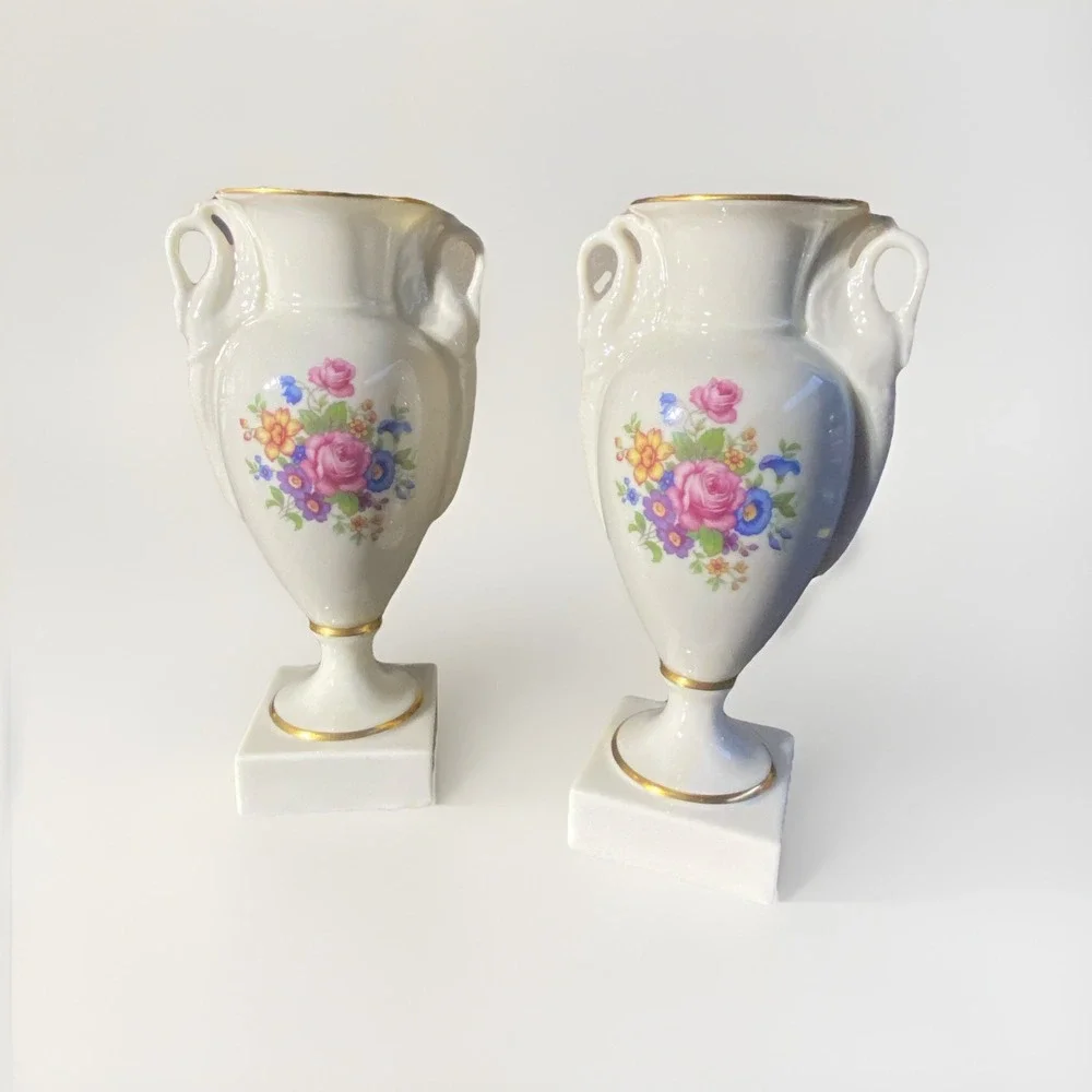 Pair Of Lenox Rose Swan Empire Trophy Vase W/ Swan Handles Green Mark 2262/ J300